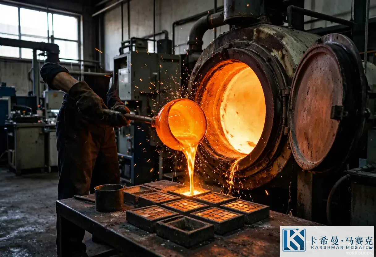 Inside a glass mosaic factory with a melting kiln and a worker pouring molten glass