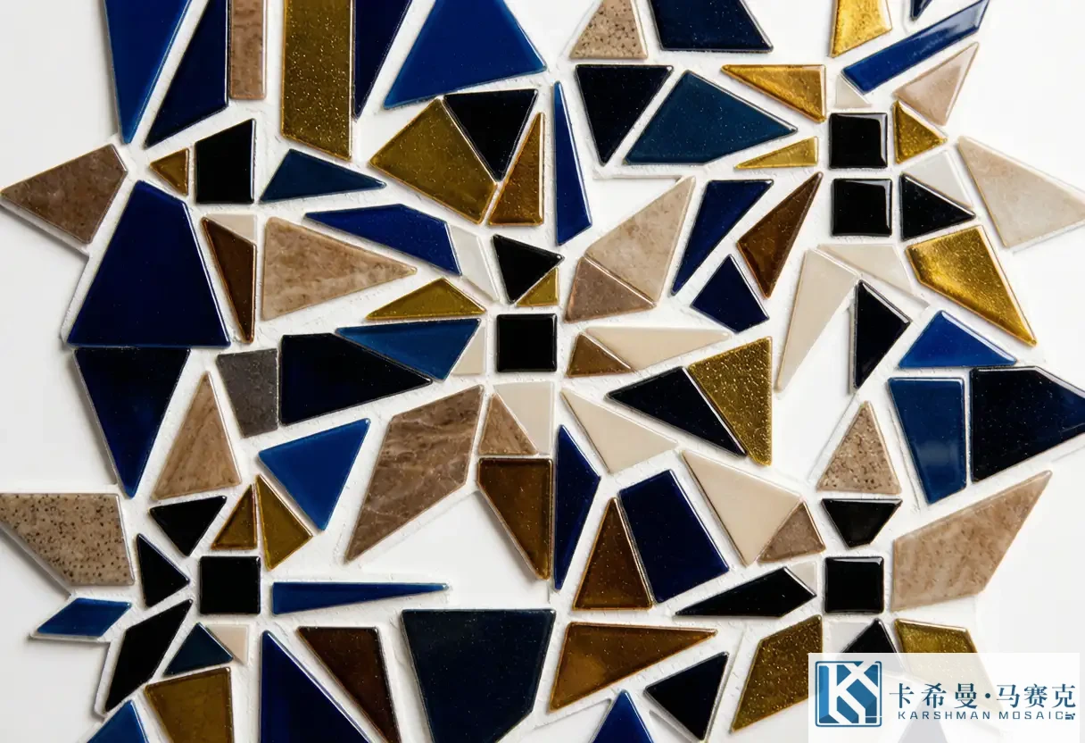 Macro close up of a glass mosaic puzzle pattern forming a repeating geometric star motif on a pool wall
