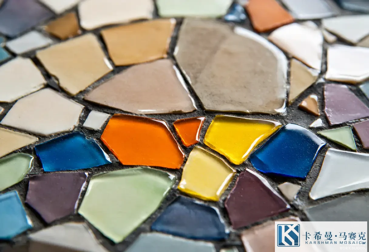 Macro close up of abstract glass mosaic tiles forming soft organic shapes and color fields