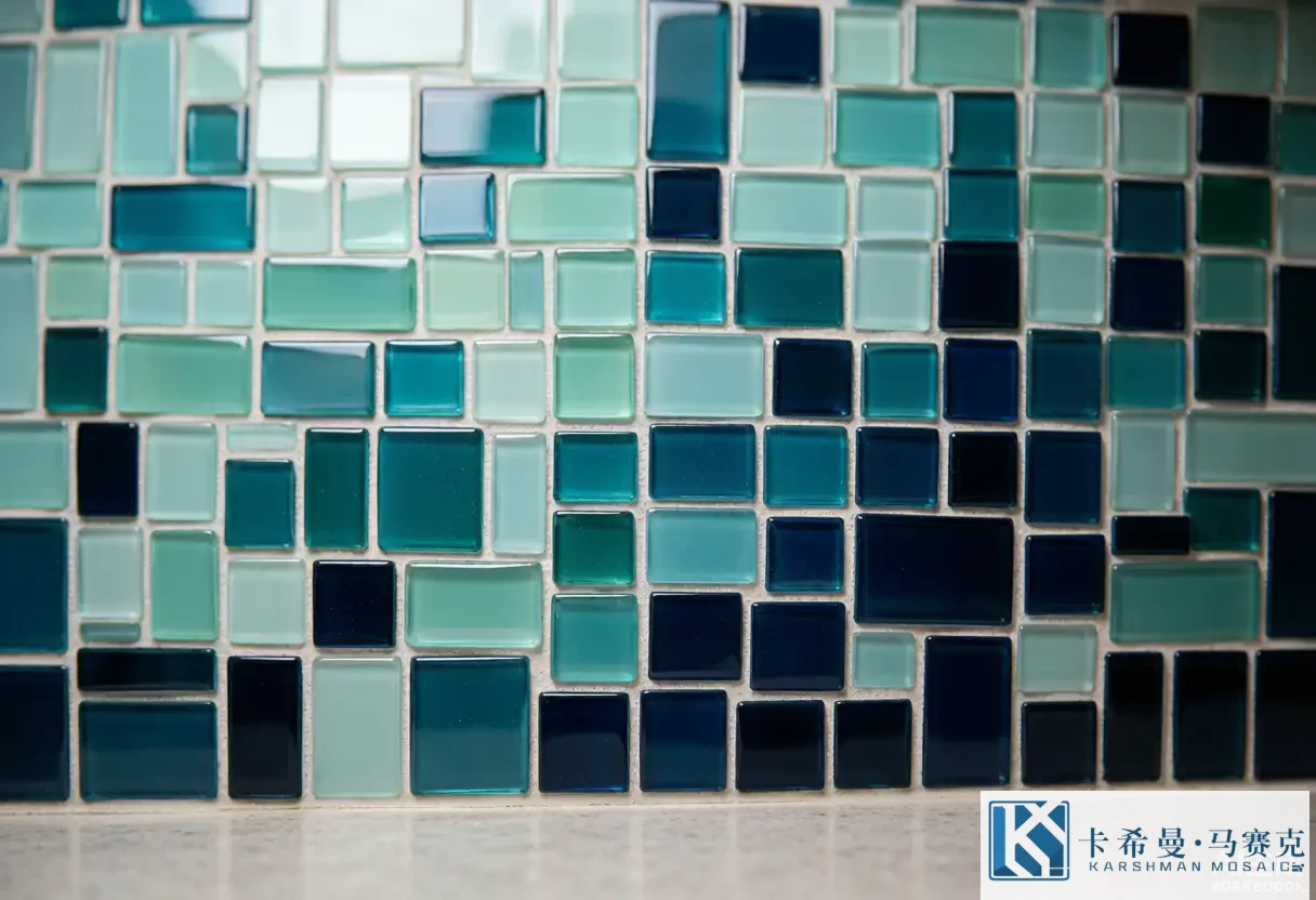 Glass mosaic chips blending smoothly from aqua to navy within one panel
