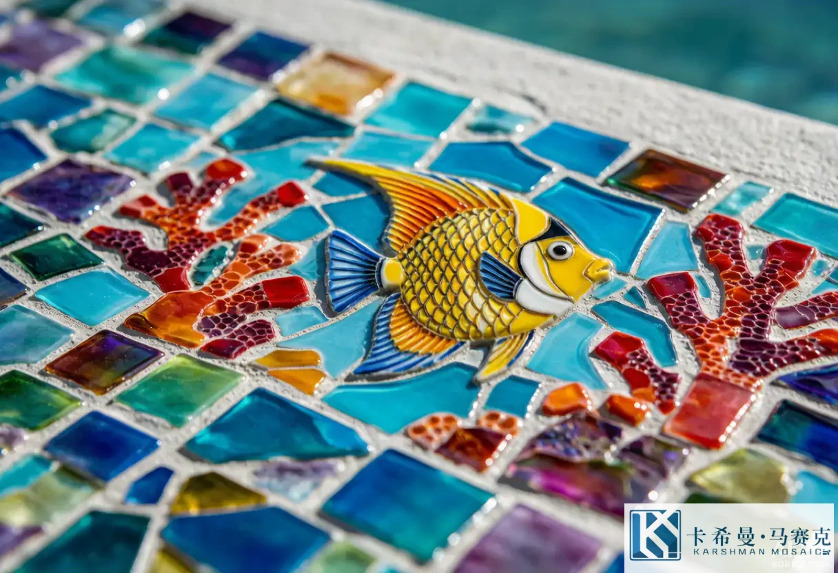 Macro close up of handmade glass mosaic tiles forming a tropical fish and coral pattern on a pool wall