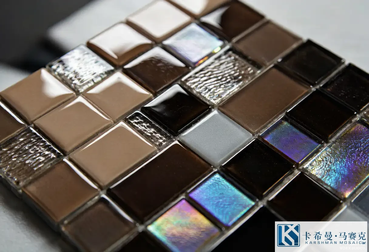 Macro of mixed-finish glass mosaic tiles showing glossy, matte and iridescent surfaces side by side catching the light