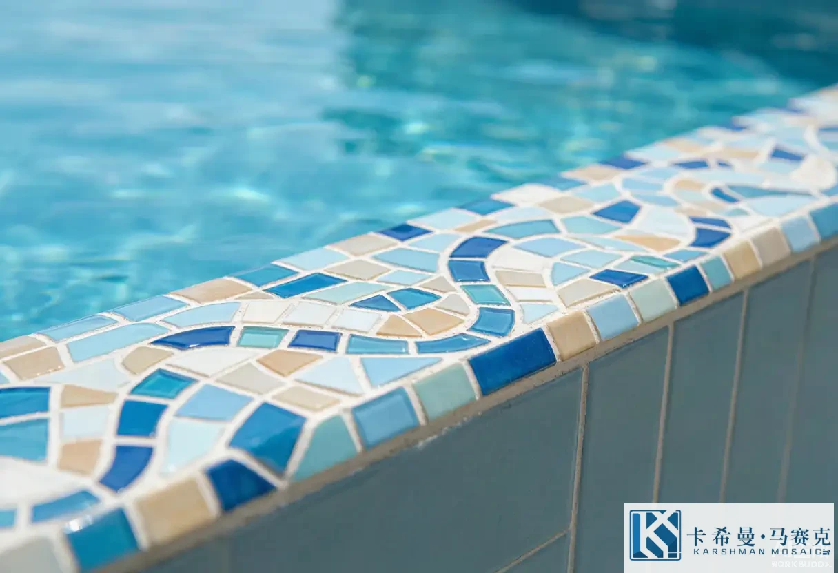 Macro view of a waterline mosaic trim with a wavy pattern and intact grout lines