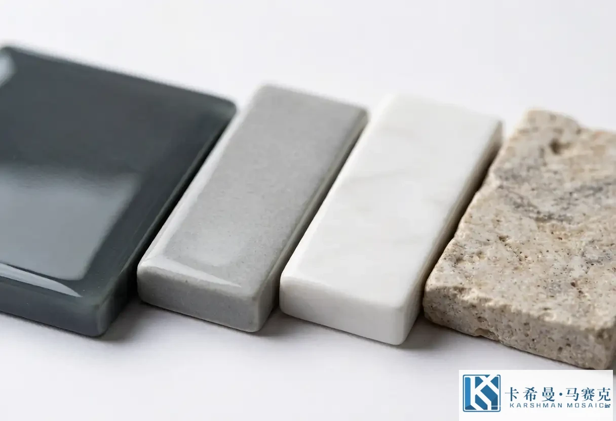 Macro of four small pool tile samples showing surface texture differences