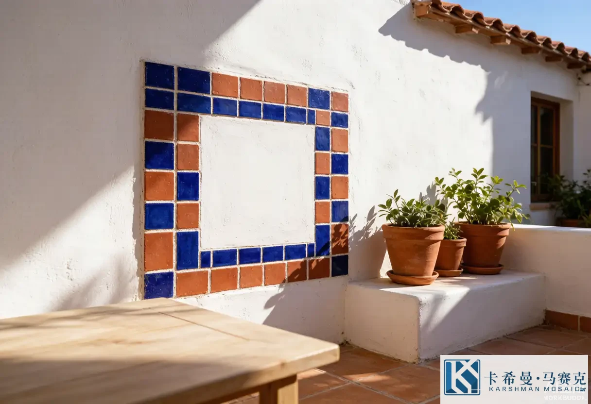 Mediterranean style courtyard wall with a terracotta and cobalt blue mosaic border detail
