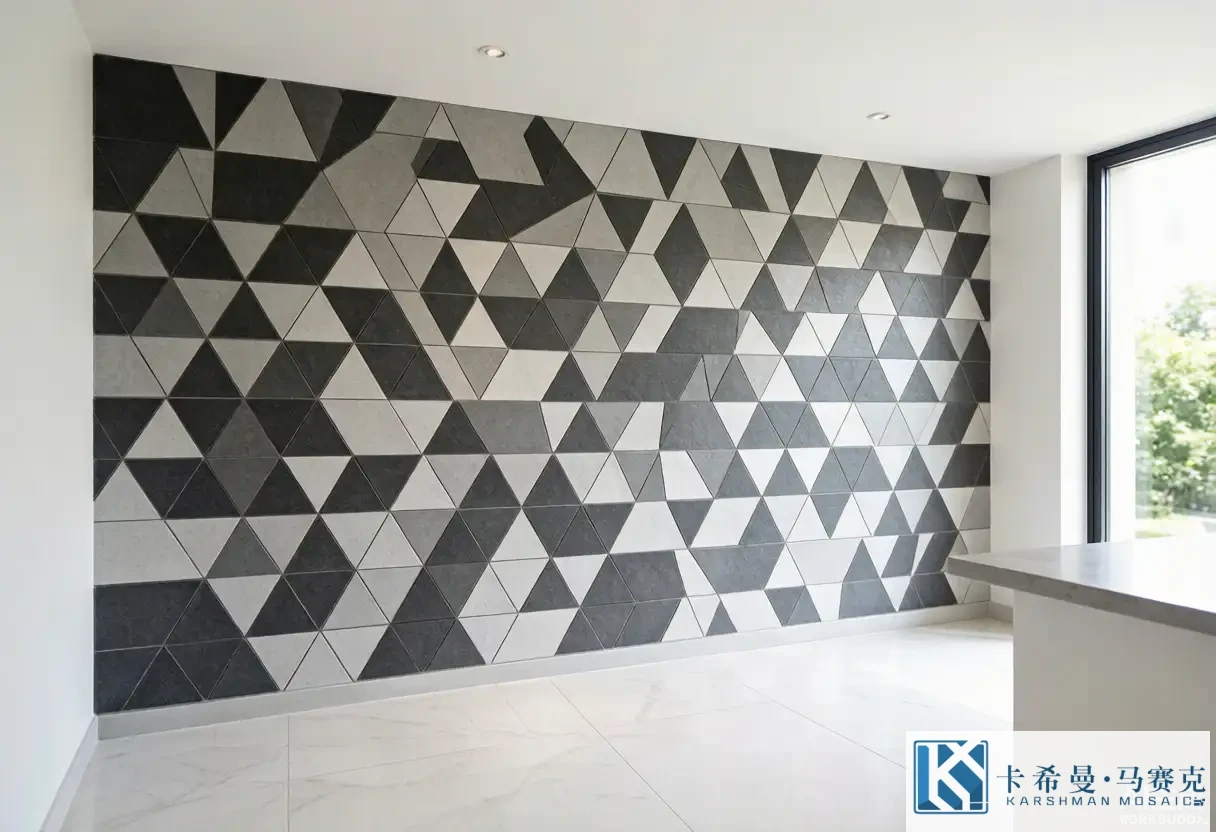 Modern interior wall covered in a geometric mosaic pattern of interlocking triangles in two grey tones