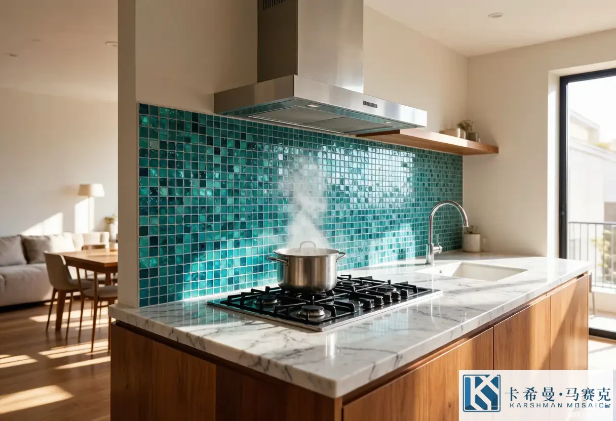 Modern open-plan kitchen with a teal glass mosaic backsplash behind the cooktop