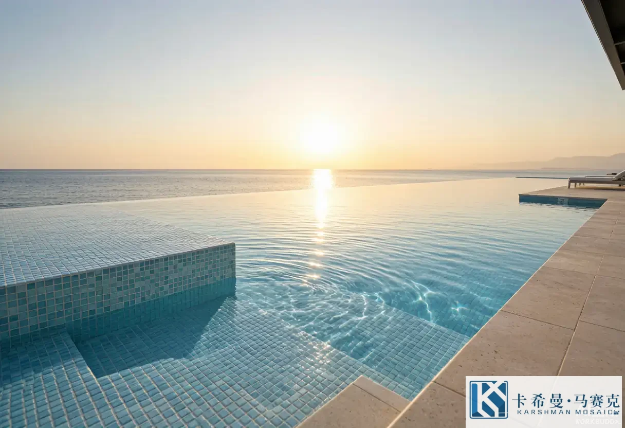 Overflow edge of an infinity pool finished with pale blue glass mosaic tile meeting a sea horizon at golden hour