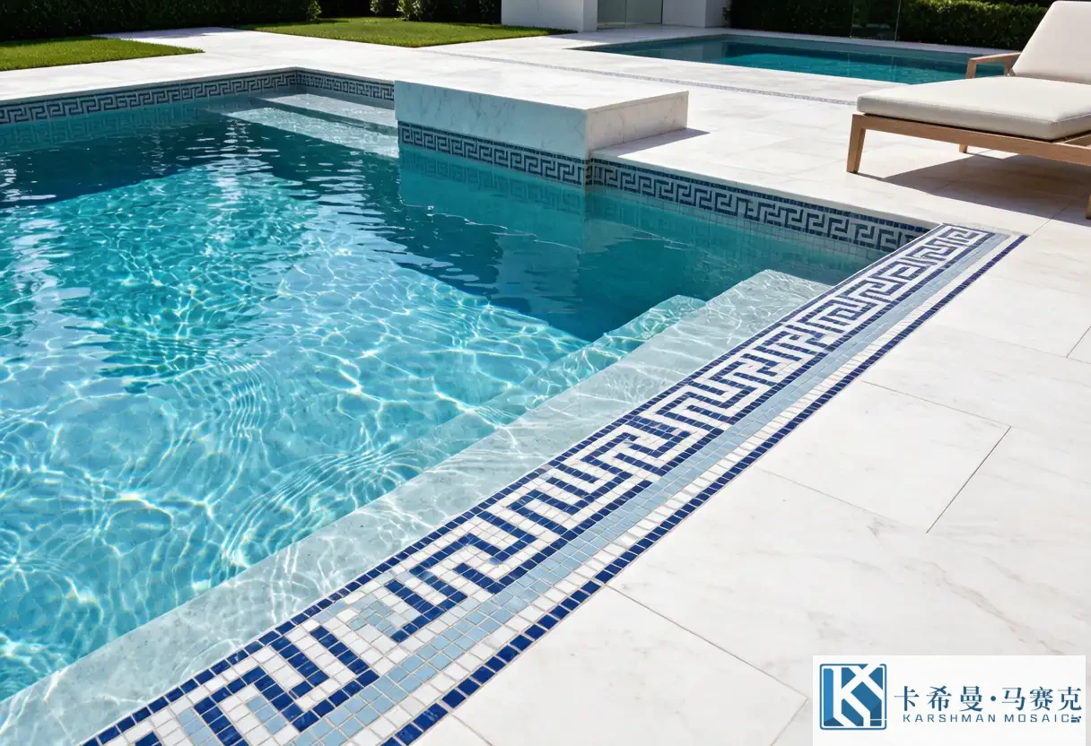 Pool edge with a decorative mosaic border in a repeating Greek-key pattern along the waterline