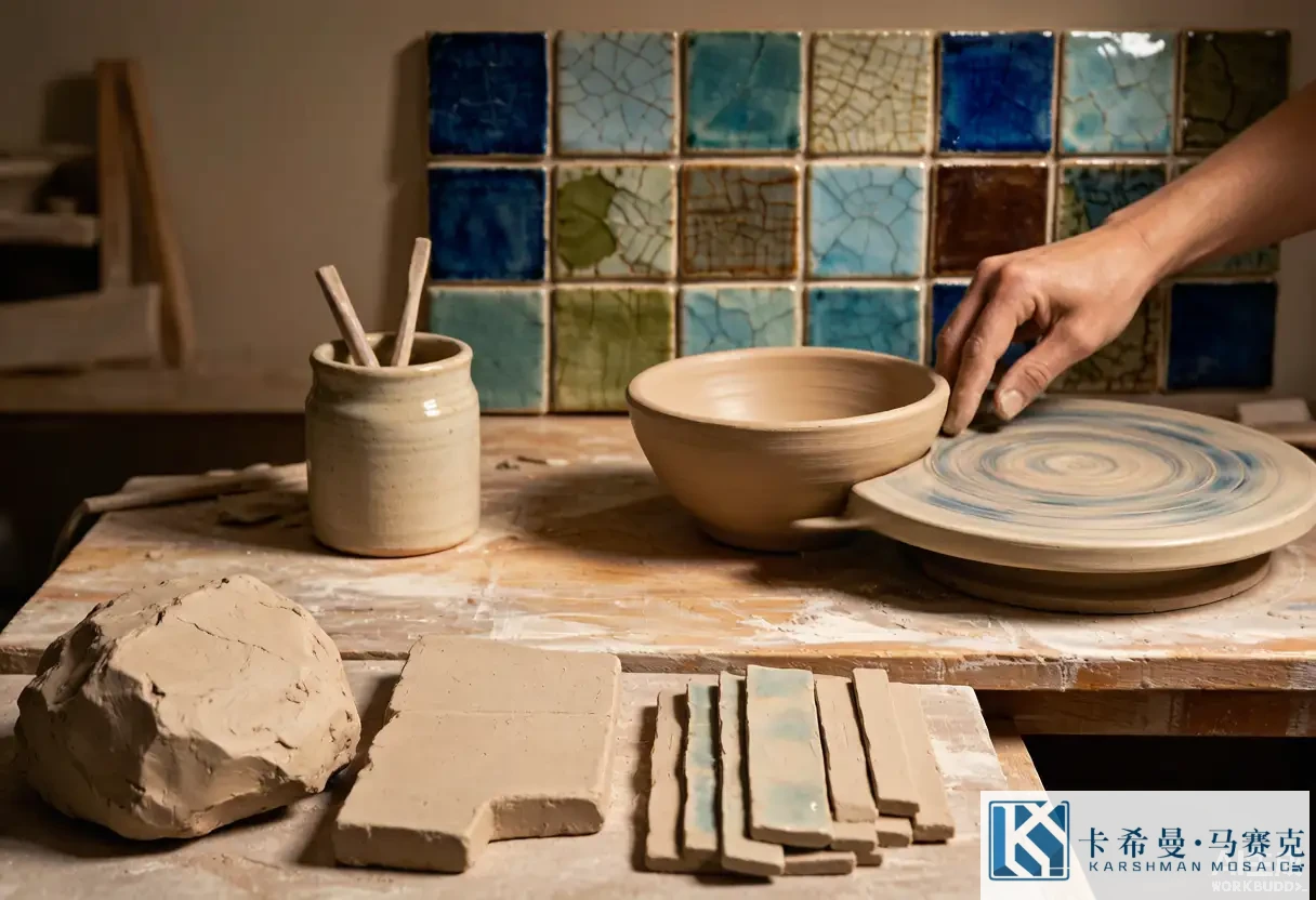 Pottery workshop with raw clay being shaped and glazed before firing into ceramic mosaic tiles