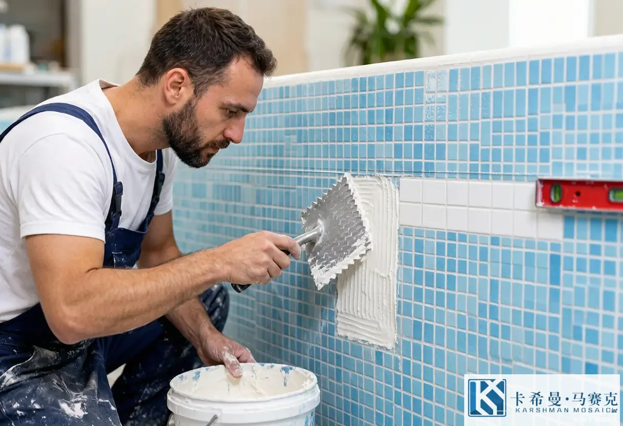 Tile installer setting blue glass mosaic tiles on a pool wall with a notched trowel and adhesive