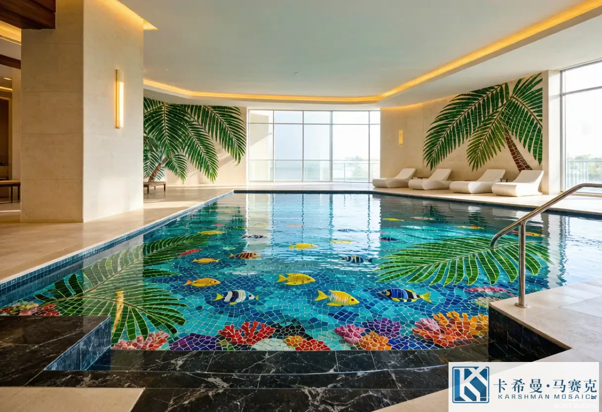 Resort swimming pool with a custom tropical glass mosaic mural of a reef scene with fish and palm leaves on the floor