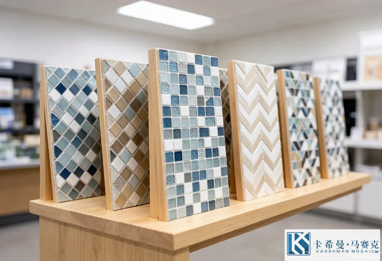 Row of glass mosaic pool tile sample boards in different patterns and color families on a wooden display rack