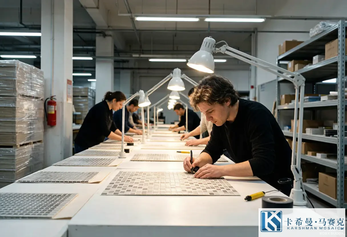 Row of quality-check tables where inspectors examine mosaic sheets under bright lamps