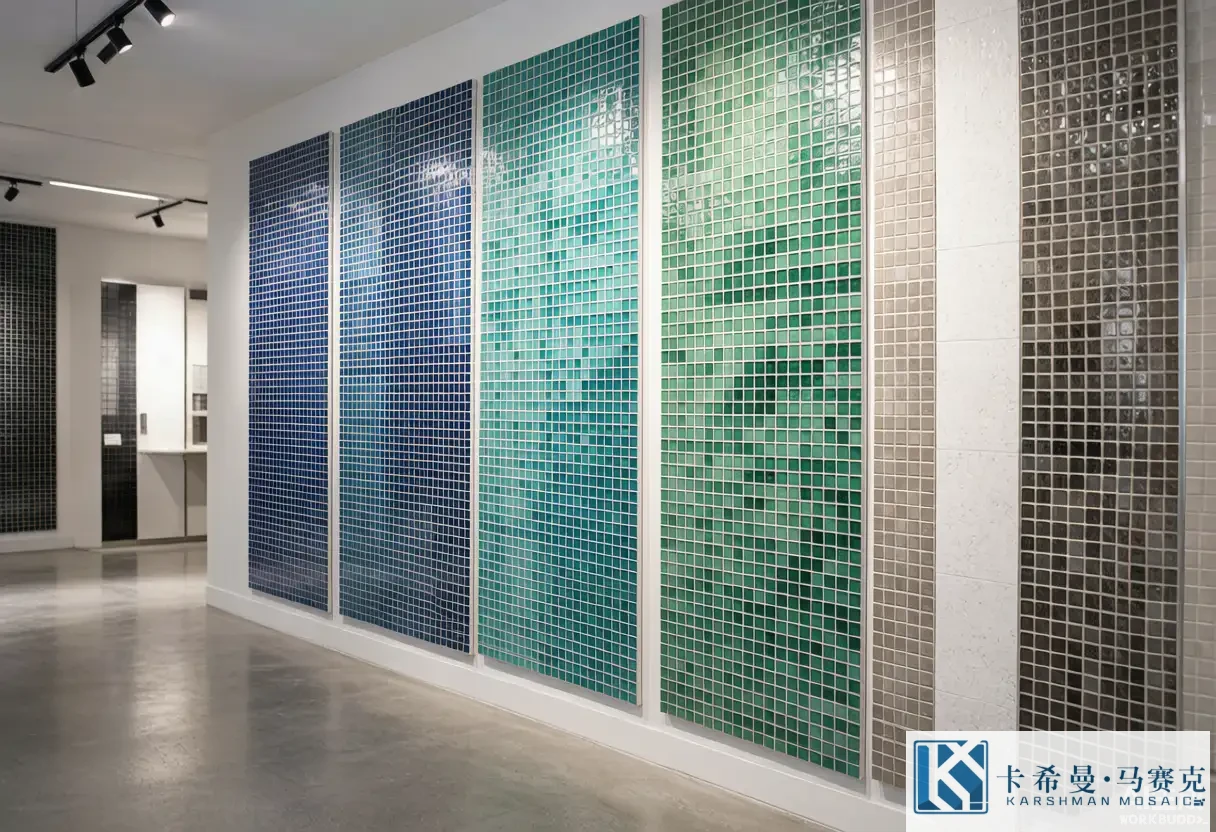 Showroom wall covered in colorful glass mosaic tile sample boards arranged in blues, greens, teals and neutral tones