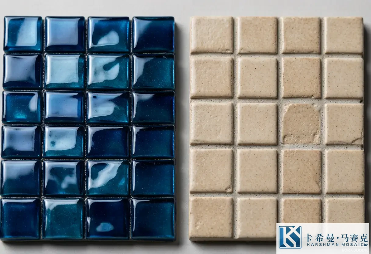 Side by side macro of a glossy blue glass mosaic tile and a matte beige ceramic mosaic tile