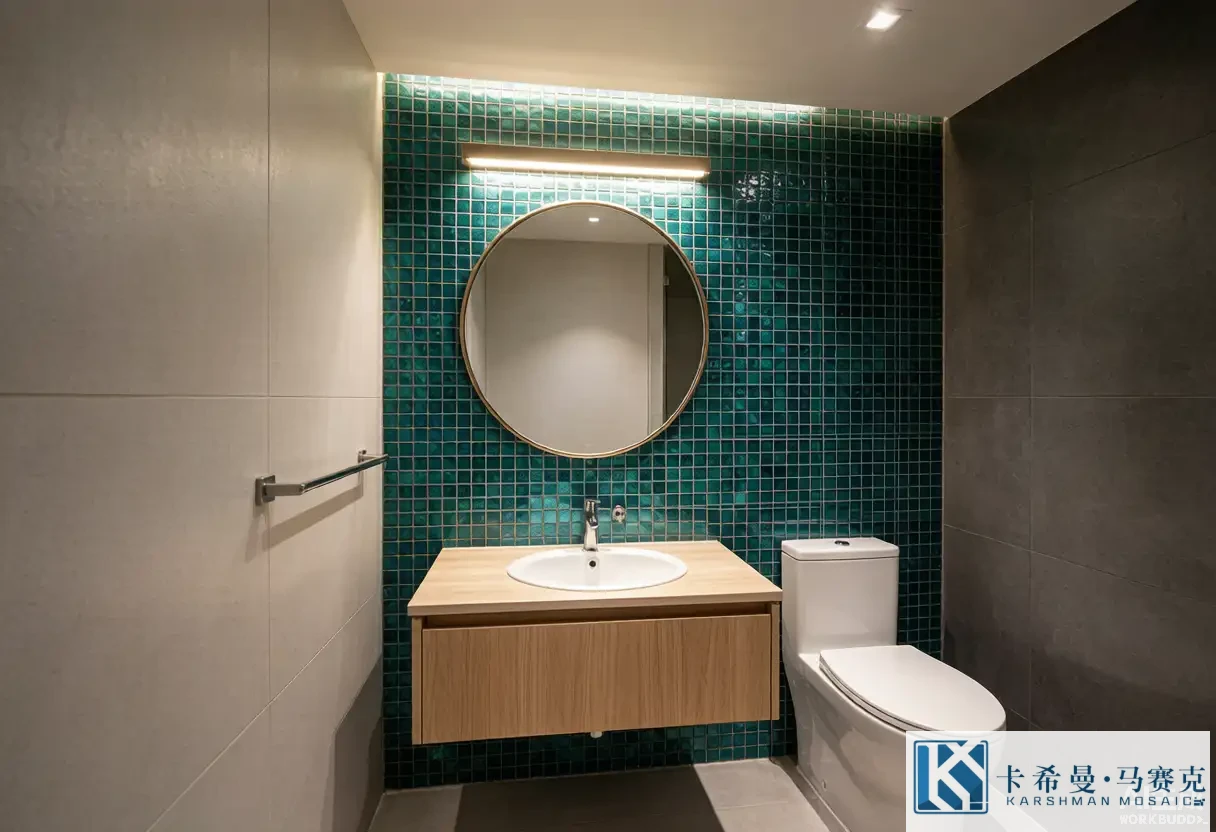 Small powder room with a teal mosaic tile accent wall behind a round mirror and floating vanity