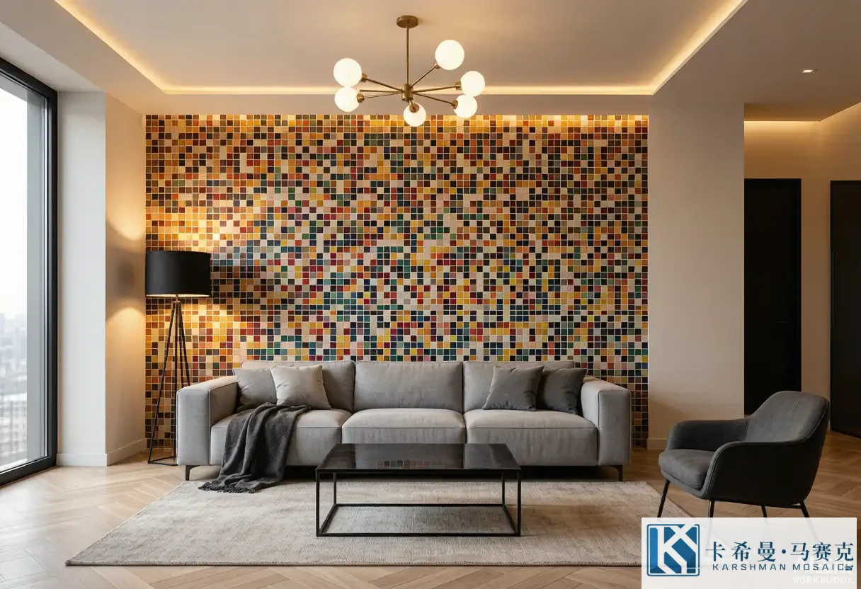 Spacious contemporary living room with a multicolor mosaic tile feature wall behind a minimalist sofa