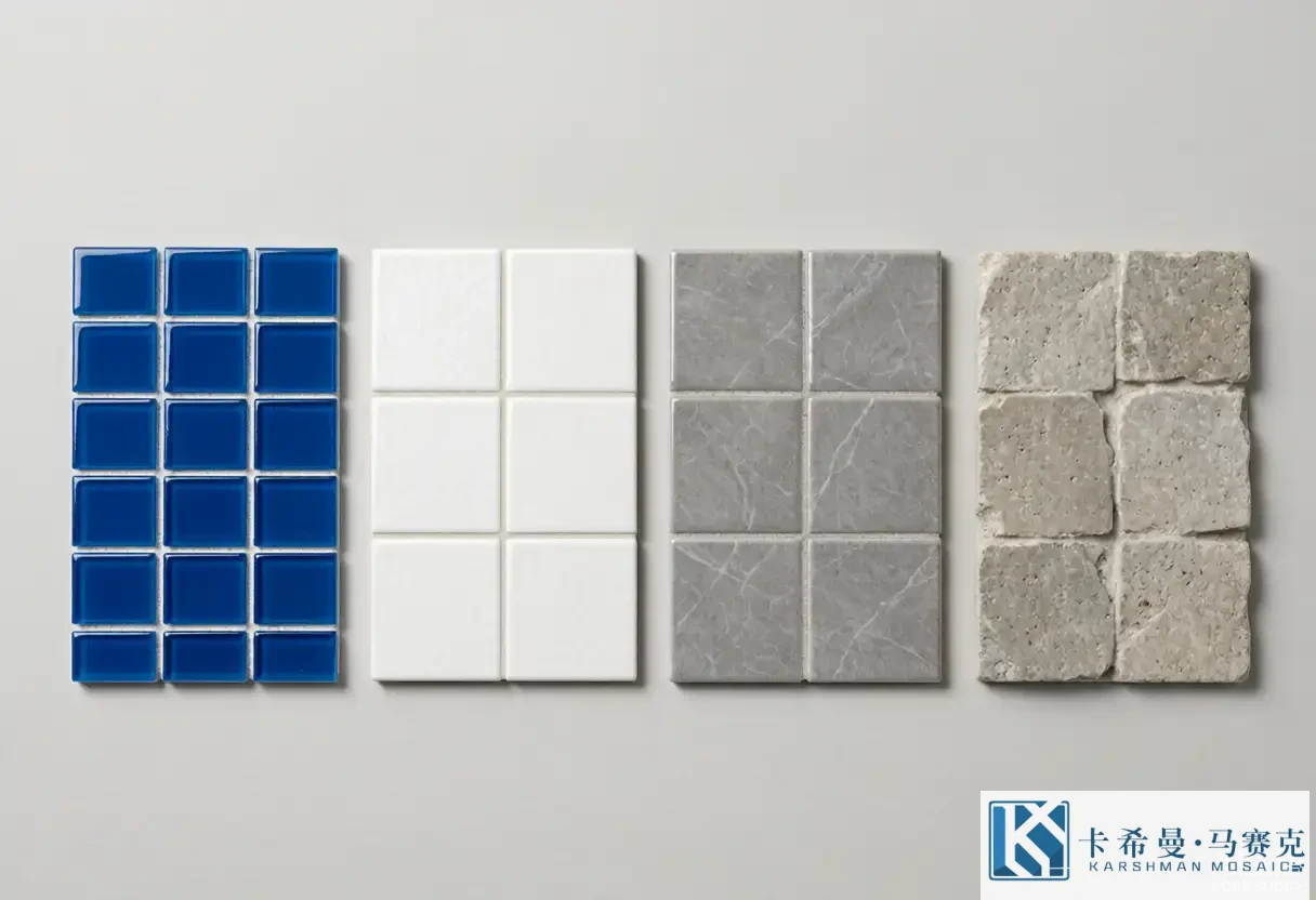 Studio flat lay of four pool tile material samples: glass, ceramic, porcelain and stone