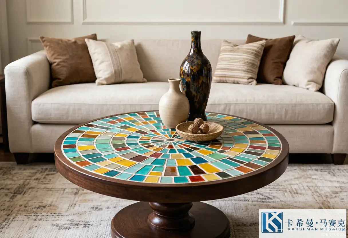 Styled living room with a round coffee table topped in a colorful glass mosaic tile