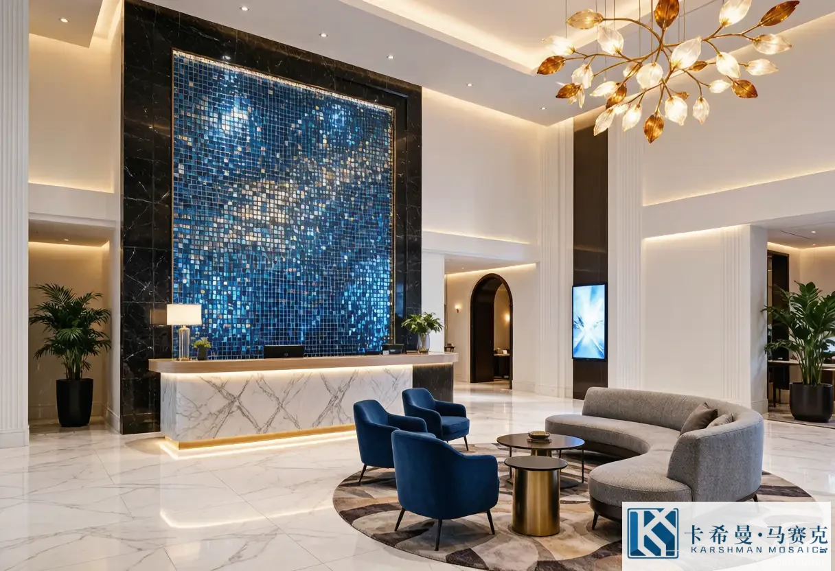 Stylish hotel lobby with a large blue glass mosaic feature wall behind the reception desk
