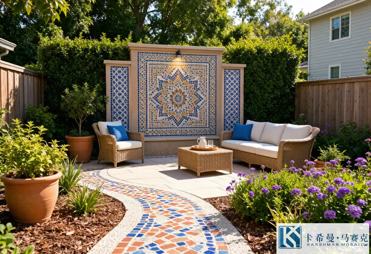 Sunlit backyard patio with a mosaic tile feature wall and a garden path bordered by mosaic tiles