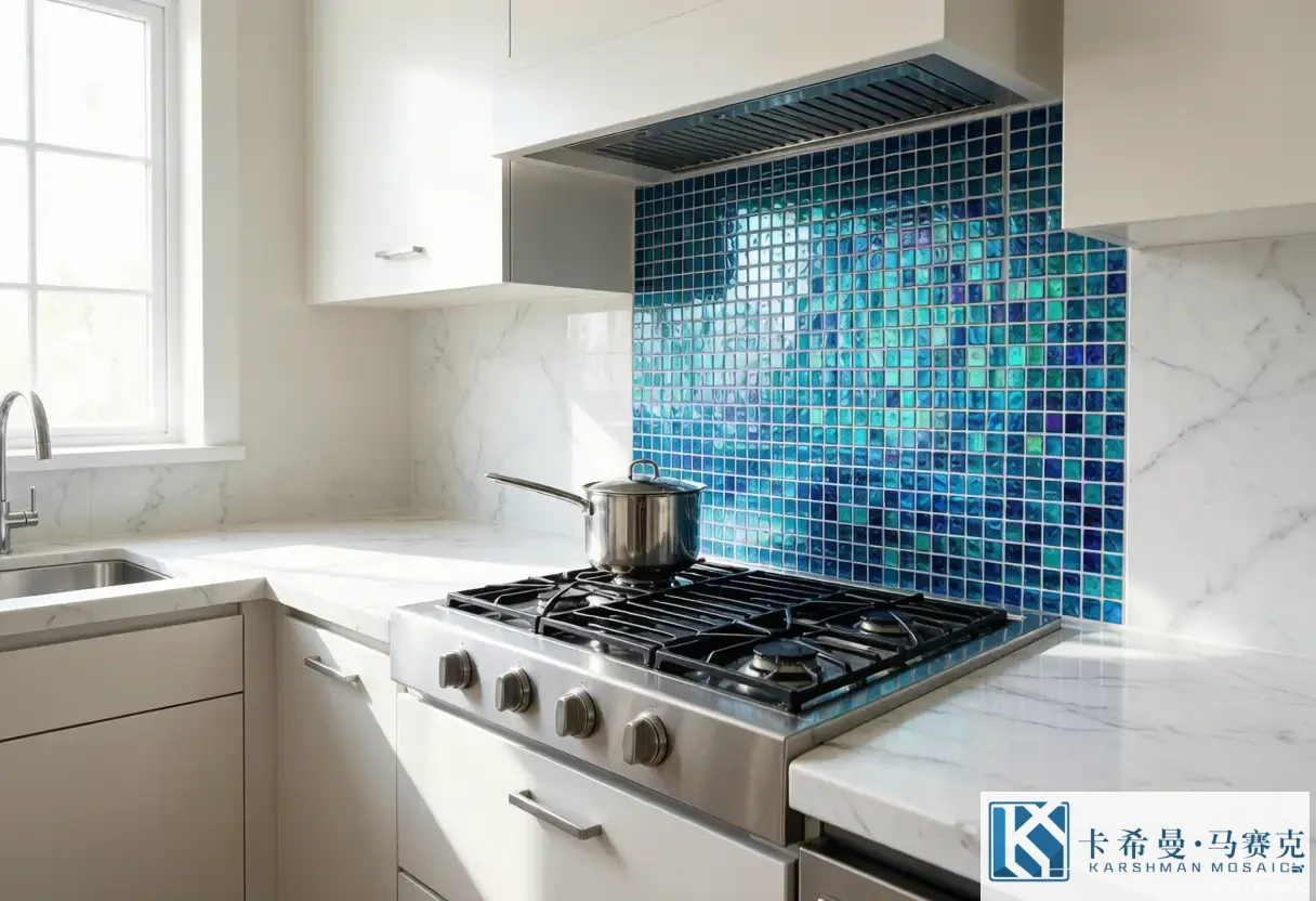 Sunlit modern kitchen with a blue glass mosaic tile backsplash behind a stainless steel cooktop