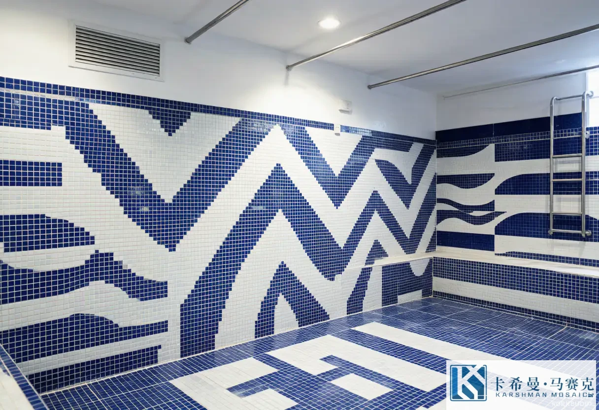 Swimming pool interior with a chevron and wave mosaic tile pattern in blue and white tones lining the walls