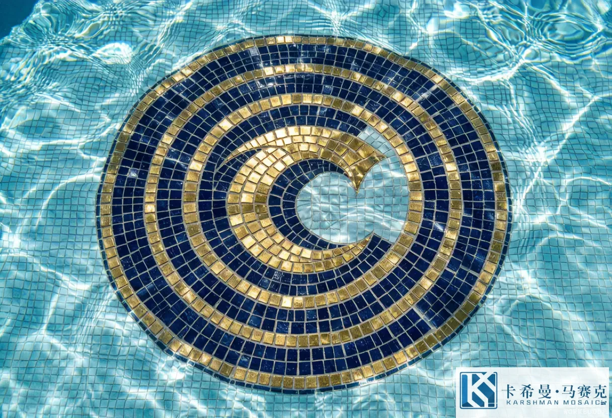 Top-down view of a custom logo medallion mosaic made of gold and navy glass tiles