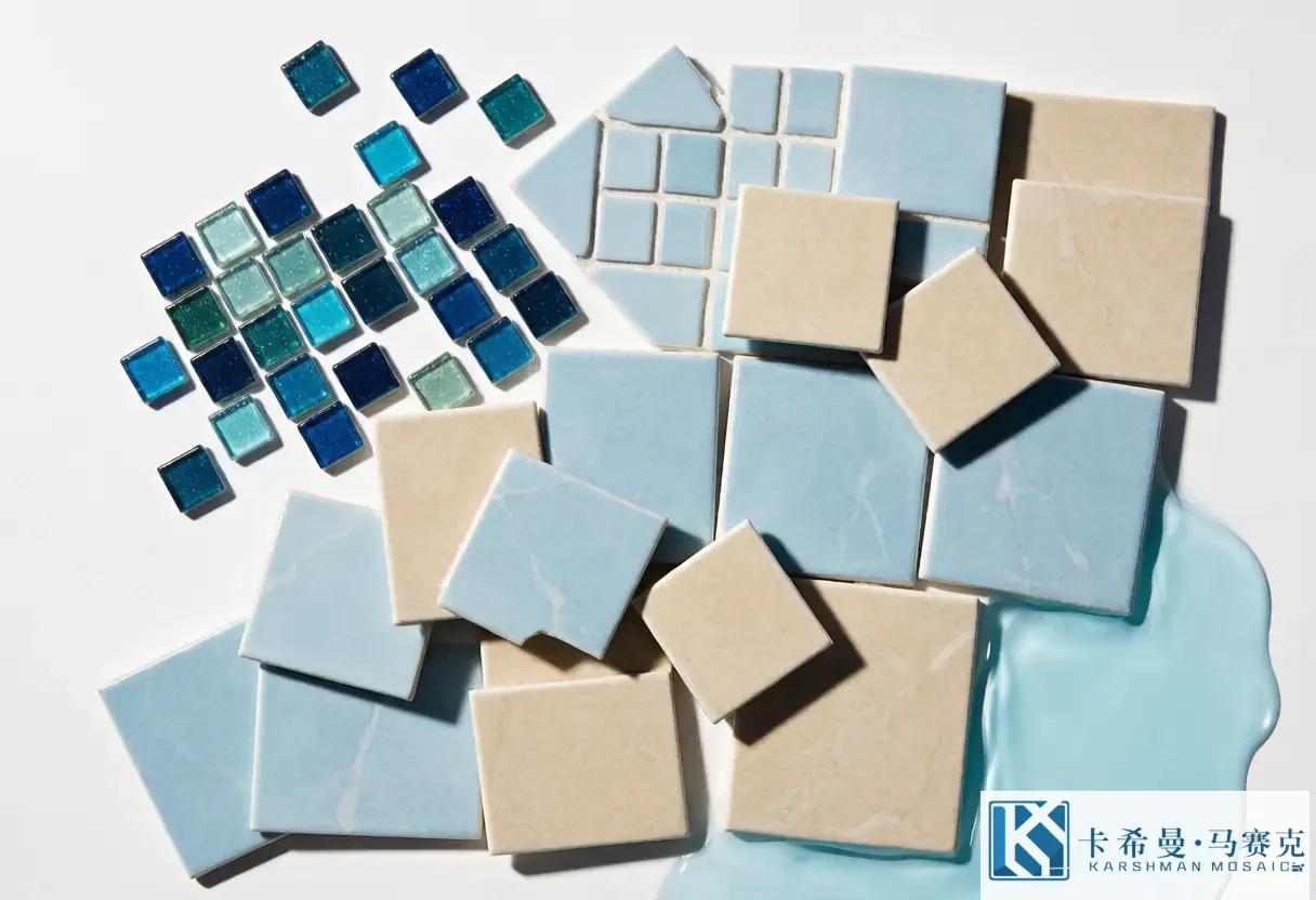 Top-down sample of a trending pool tile blend of glass mosaic and porcelain