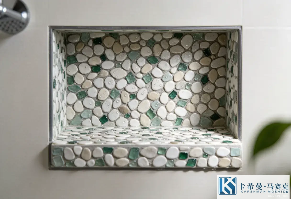 Top down view of pebble and glass mosaic tiles lining a shower niche shelf with water droplets