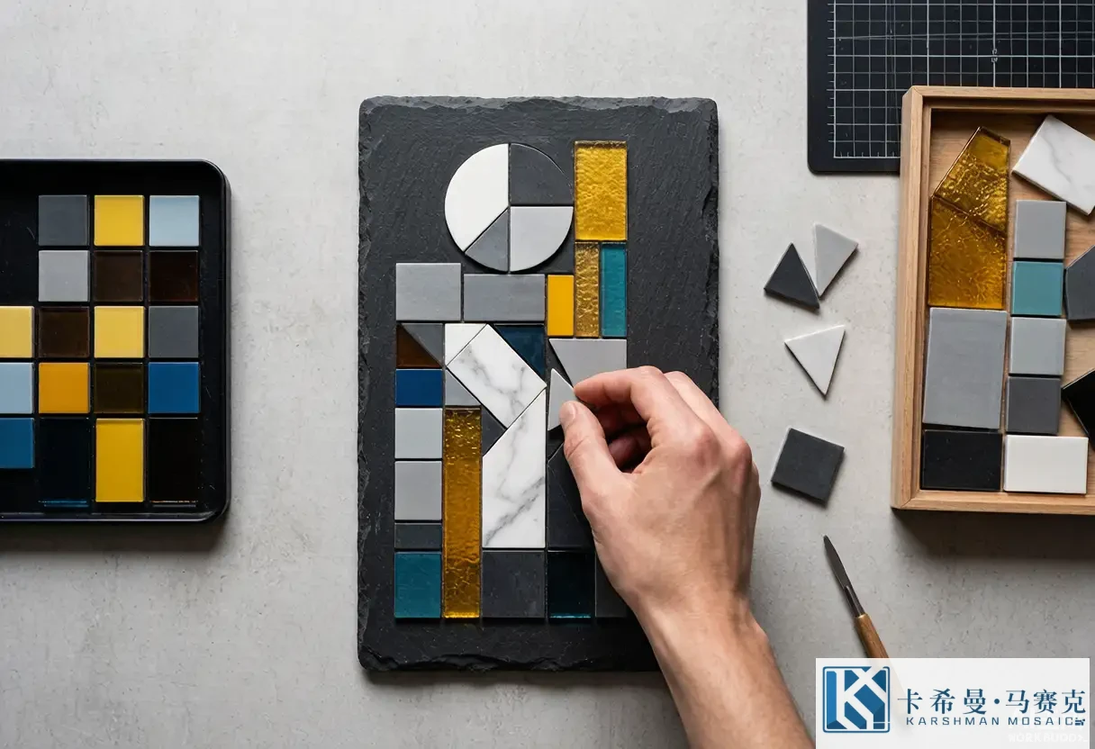 Top view of a hand laid abstract mosaic panel on a studio table with loose geometric glass tiles