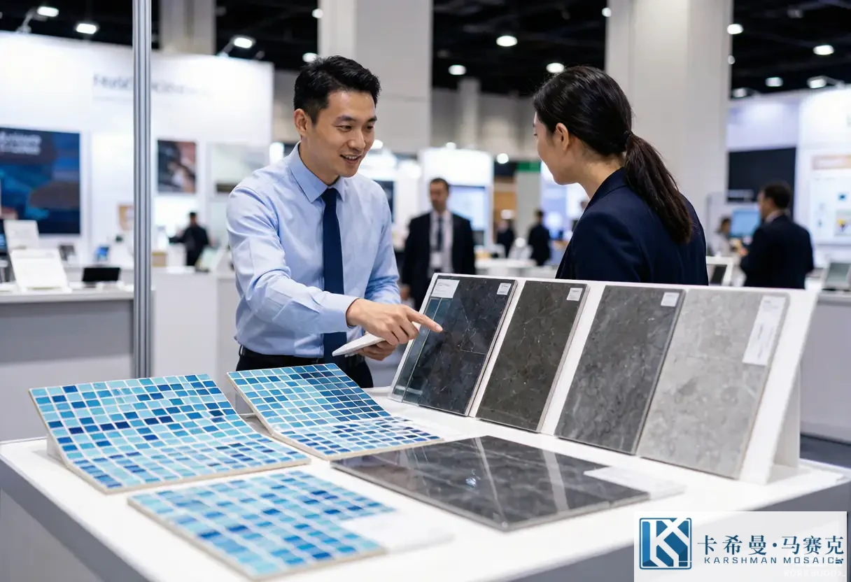 Trade show booth displaying mosaic sample boards to a buyer with a salesperson