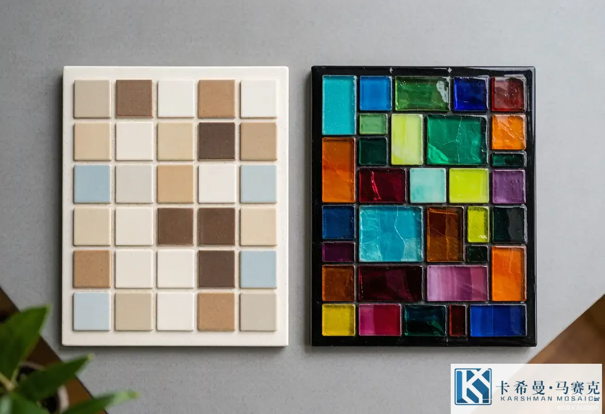 Two sample boards side by side on a table, a ceramic mosaic board and a glass mosaic board compared