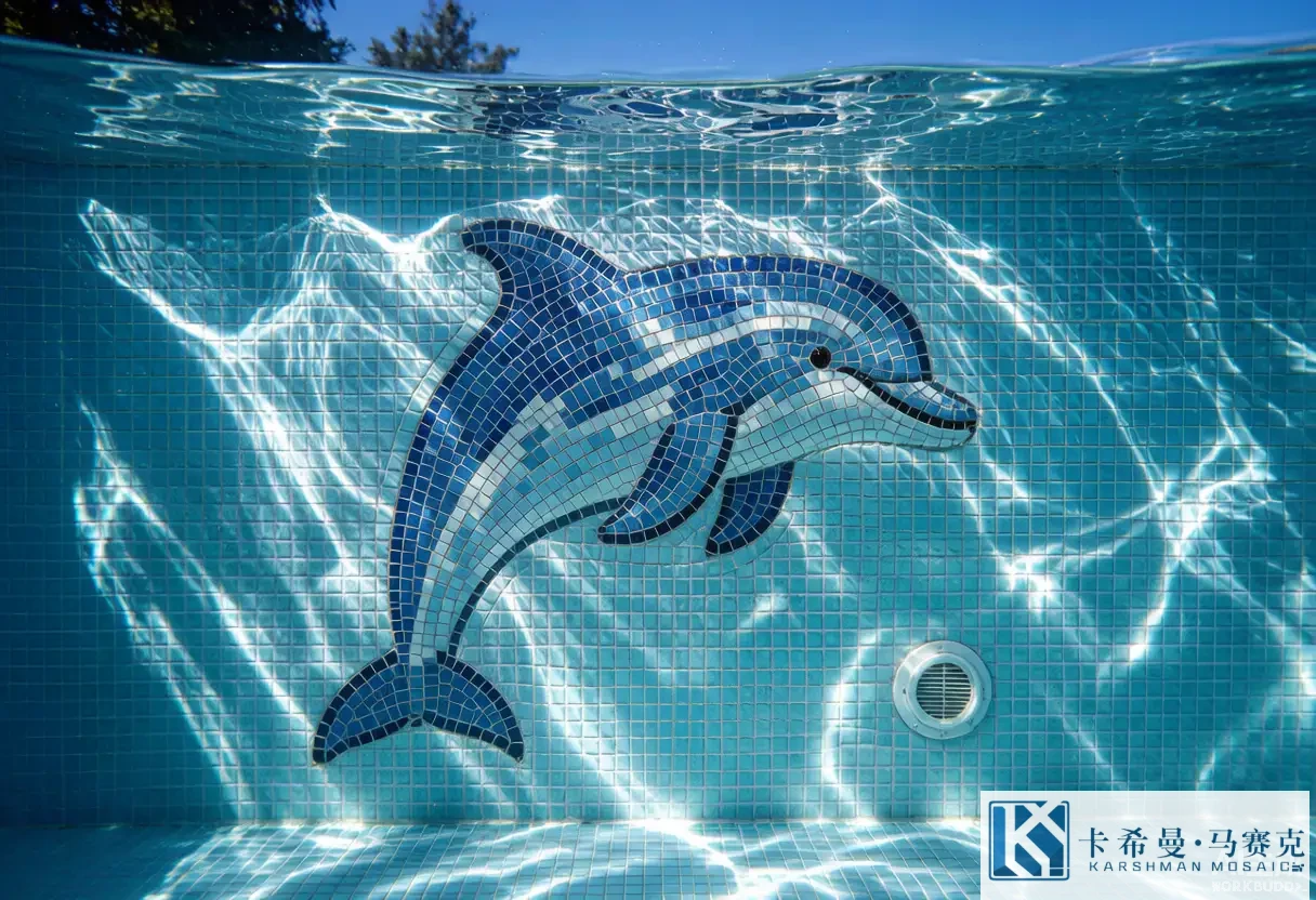 Underwater view of a custom dolphin mosaic motif on a pool wall with sunlight ripples