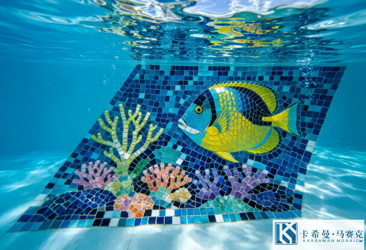 Underwater view of a custom glass mosaic mural on a swimming pool floor showing a tropical fish and coral scene