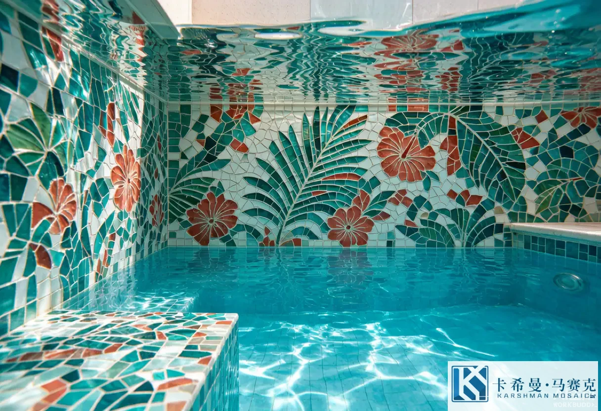 Underwater view of a swimming pool lined with a tropical glass mosaic of teal green and coral tones on the walls