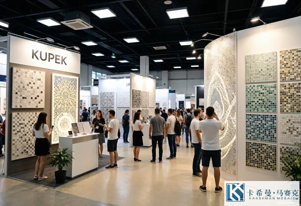 Wide exhibition hall showing a mosaic tile trade show with sample boards on walls