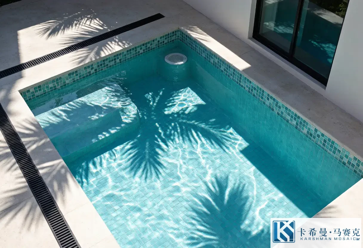 Backyard swimming pool with a glass mosaic waterline and light-blue floor tiles seen from above, palm shadows on the water