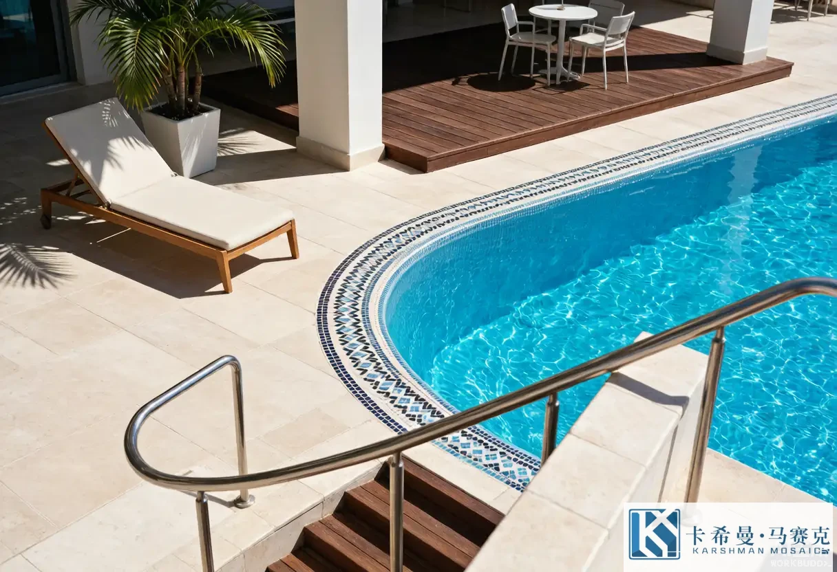 Hotel pool deck with a mosaic border running along the coping and a lounger beside it, bright daylight