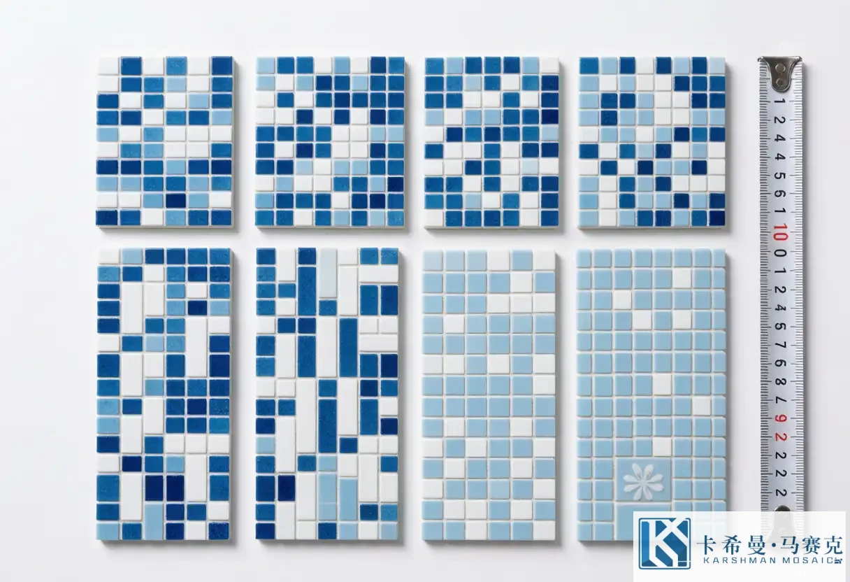 Sample boards of pool mosaic tile ranges in blues and whites with a measuring tape beside them, flat lay